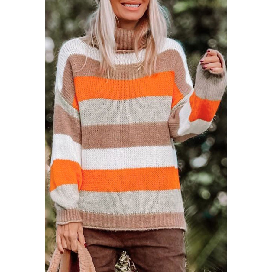 Color Block Drop Shoulder Turtleneck Sweater Stripe / S Apparel and Accessories