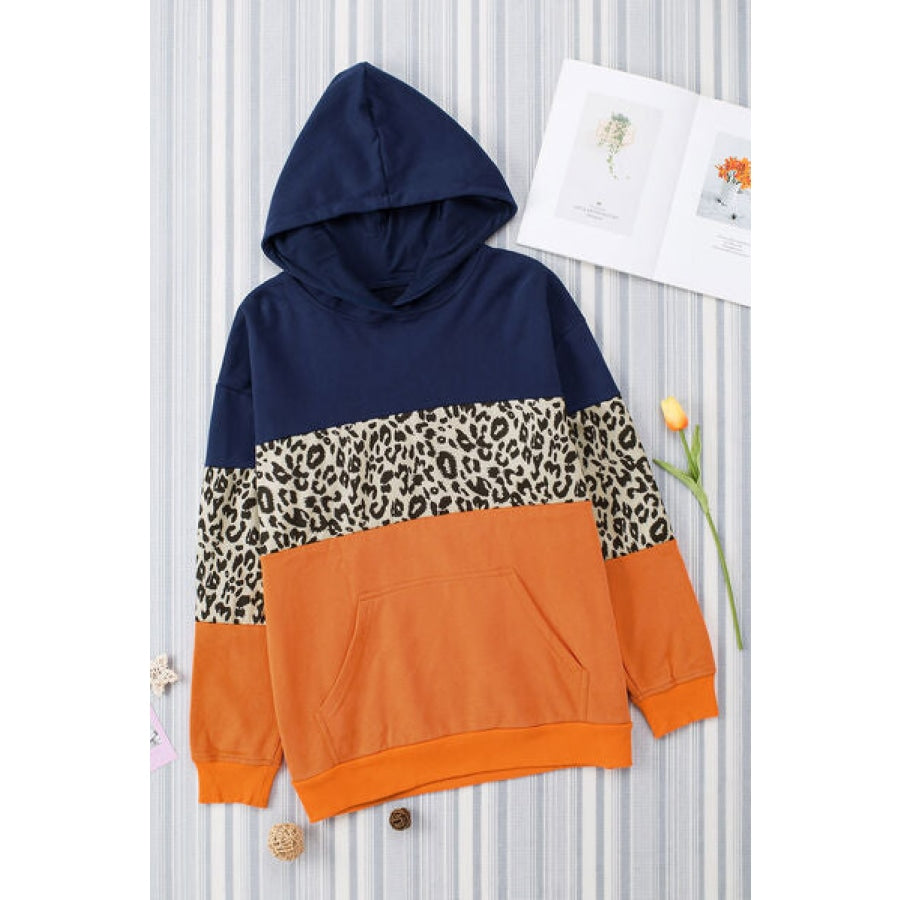 Color Block Dropped Shoulder Hoodie Leopard / S Apparel and Accessories