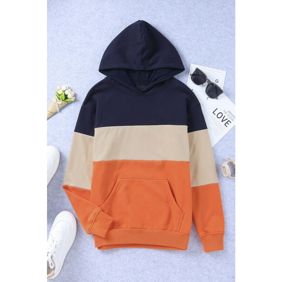 Color Block Dropped Shoulder Hoodie Pumpkin / S Apparel and Accessories