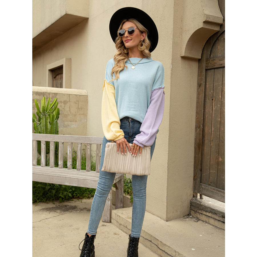 Color Block Dropped Shoulder Sweater Apparel and Accessories