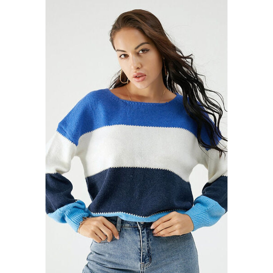 Color Block Dropped Shoulder Sweater Royal Blue / S Apparel and Accessories