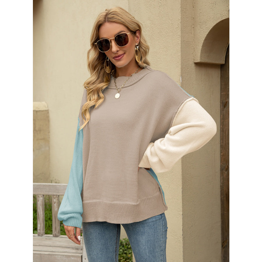 Color Block Dropped Shoulder Sweater Dust Storm / S Apparel and Accessories
