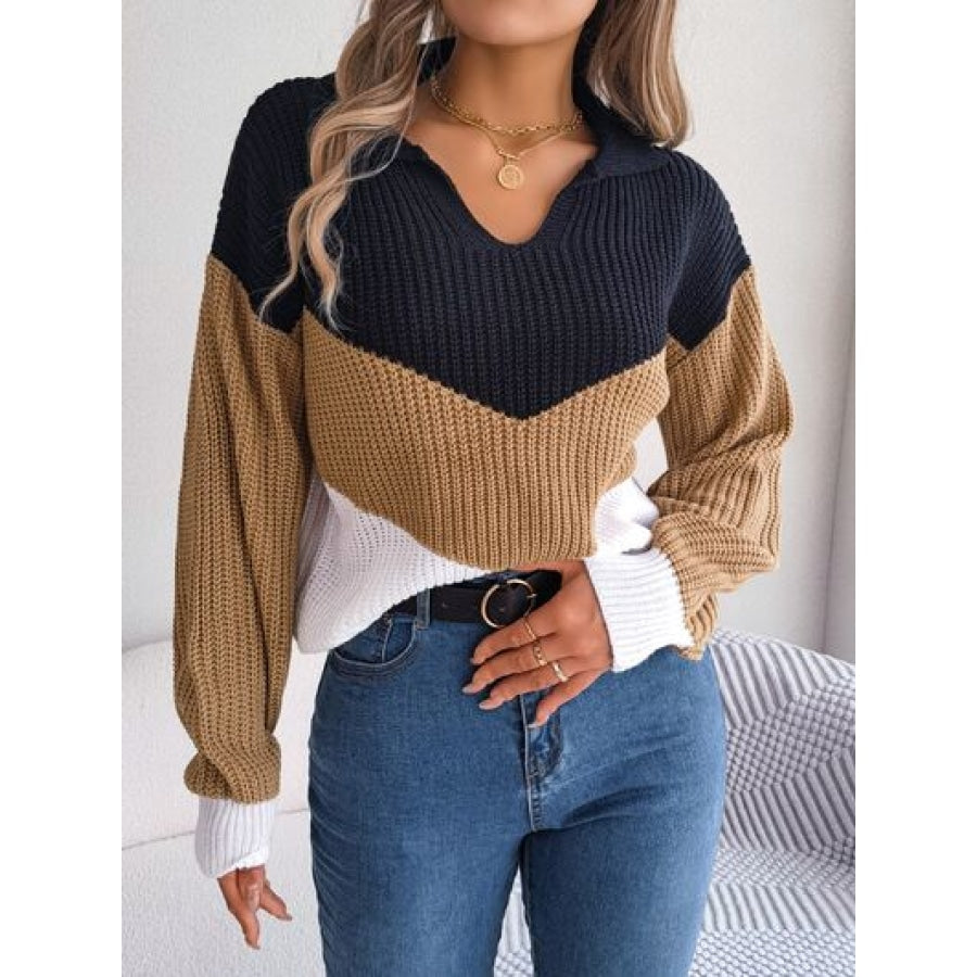 Color Block Dropped Shoulder Sweater Camel / S Clothing