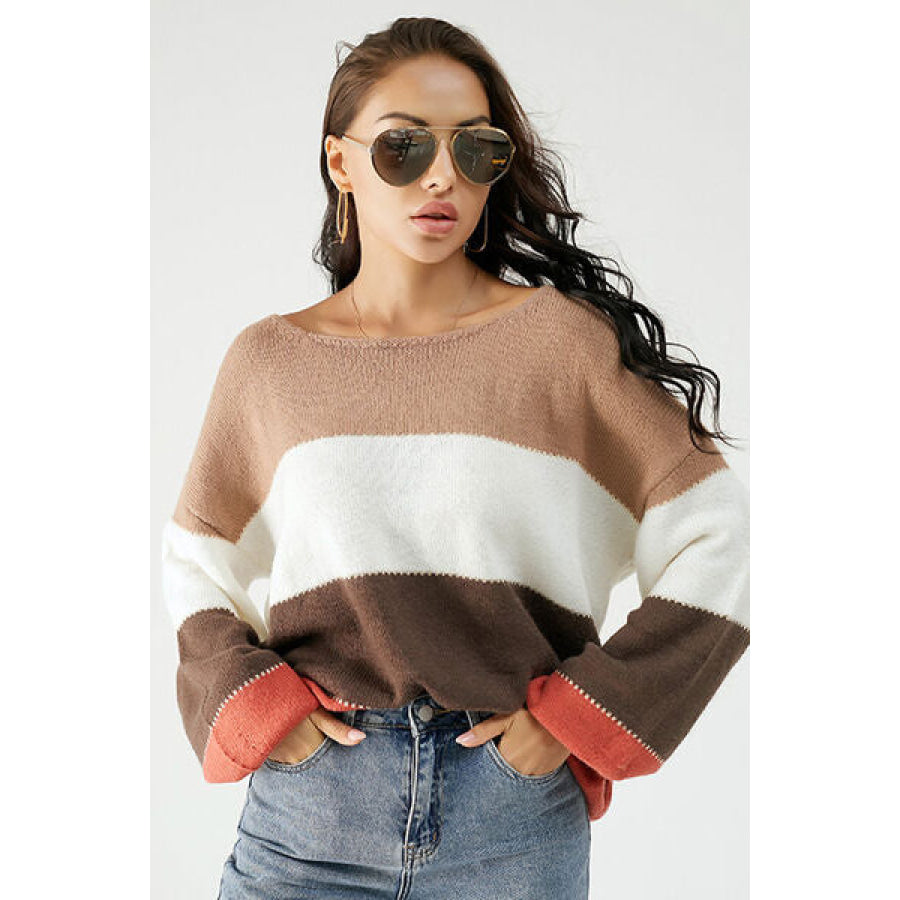 Color Block Dropped Shoulder Sweater Coffee Brown / S Apparel and Accessories