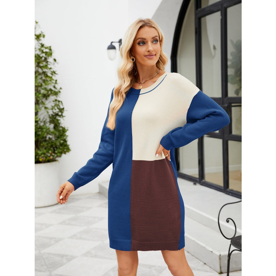 Color Block Dropped Shoulder Sweater Dress Royal Blue / S