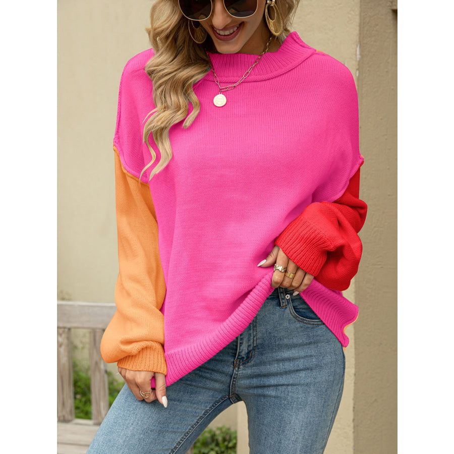 Color Block Dropped Shoulder Sweater Hot Pink / S Apparel and Accessories