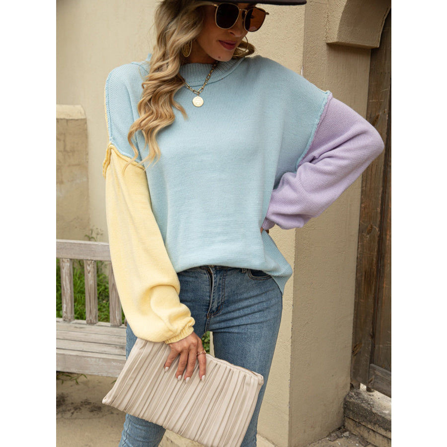 Color Block Dropped Shoulder Sweater Misty Blue / S Apparel and Accessories