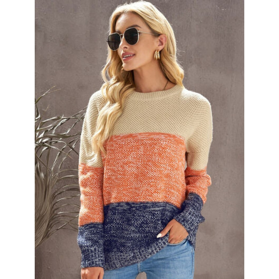 Color Block Dropped Shoulder Sweater Tan / S Clothing