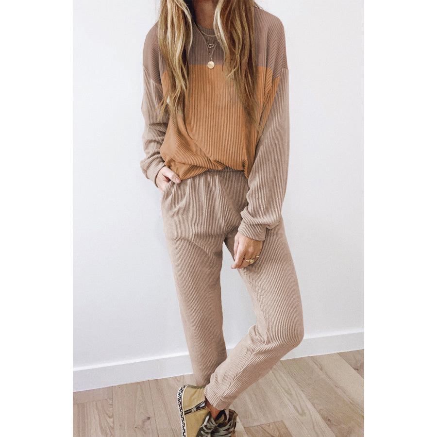 Color Block Dropped Shoulder Top and Pants Set Caramel / S Apparel and Accessories