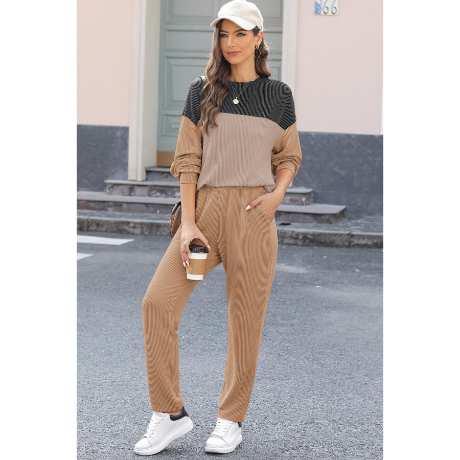 Color Block Dropped Shoulder Top and Pants Set Khaki / S Apparel and Accessories