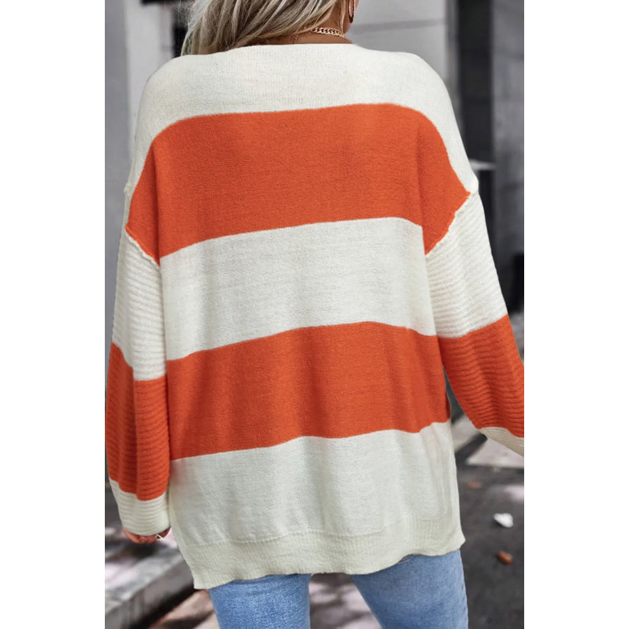 Color Block Dropped Shoulder V-Neck Sweater Orange / S Apparel and Accessories