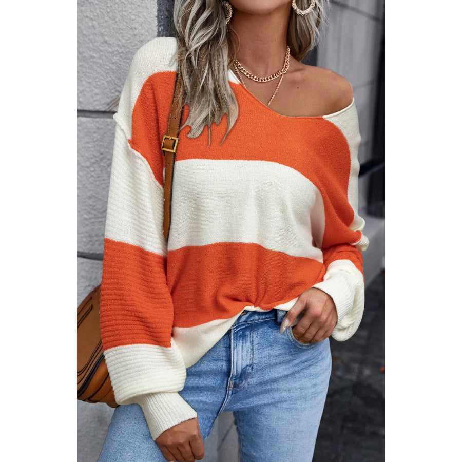 Color Block Dropped Shoulder V-Neck Sweater Orange / S Apparel and Accessories