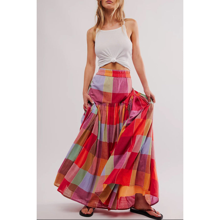 Color Block Elastic Waist Maxi Skirt Apparel and Accessories