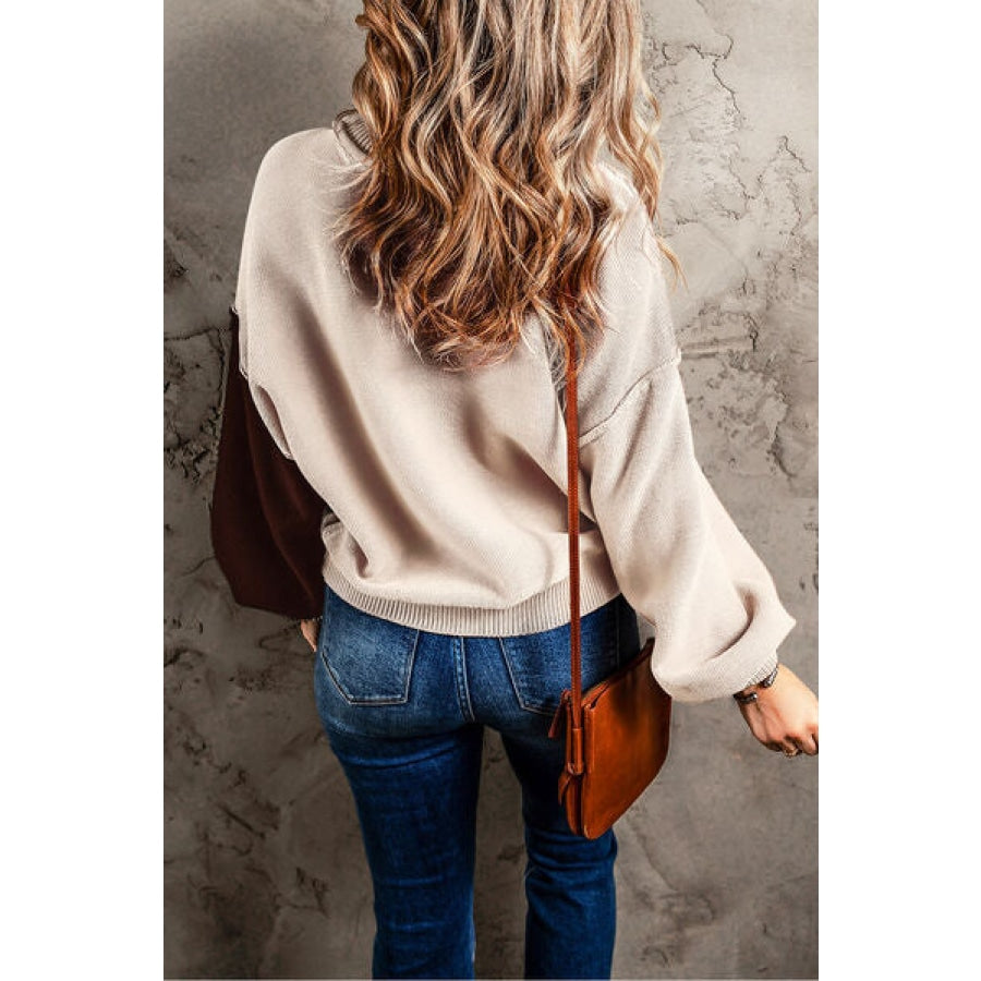 Color Block Exposed Seam Dropped Shoulder Sweater Chestnut / S Apparel and Accessories