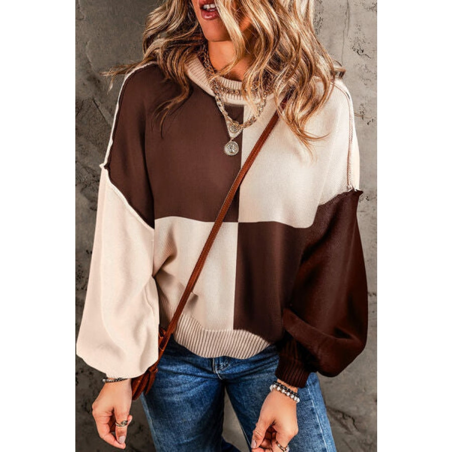 Color Block Exposed Seam Dropped Shoulder Sweater Chestnut / S Apparel and Accessories