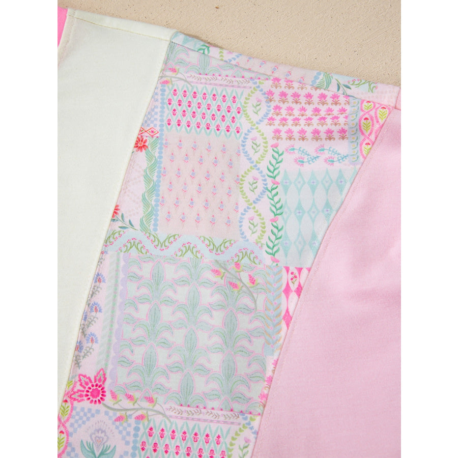 Color Block Floral Patchwork Big Flower Accent Relaxed Top Apparel and Accessories