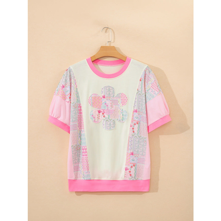 Color Block Floral Patchwork Big Flower Accent Relaxed Top Apparel and Accessories