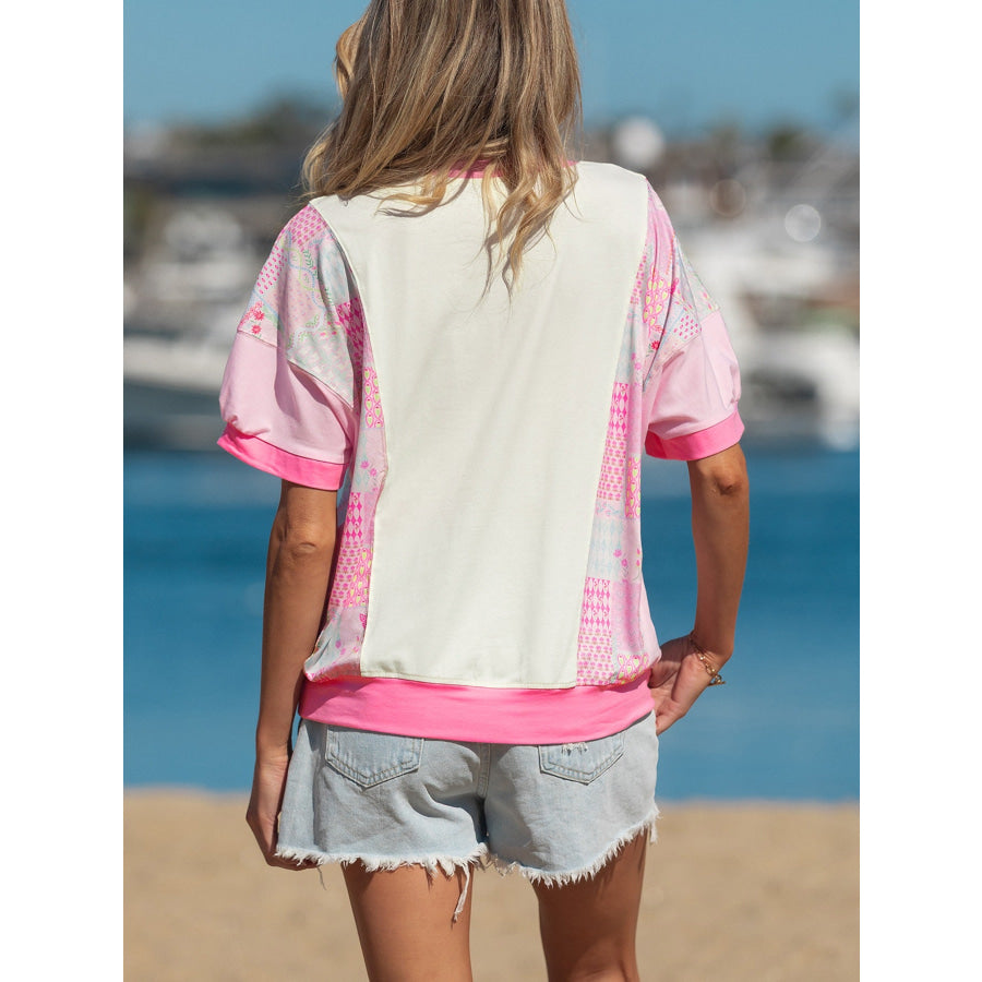 Color Block Floral Patchwork Big Flower Accent Relaxed Top Apparel and Accessories