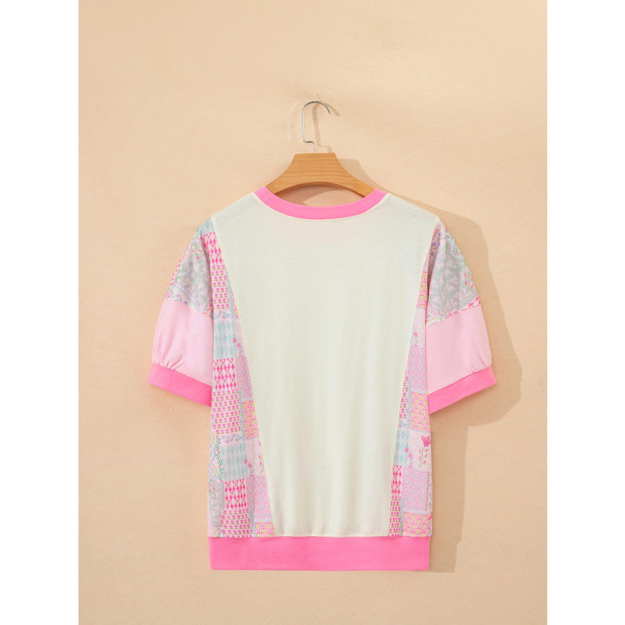 Color Block Floral Patchwork Big Flower Accent Relaxed Top Apparel and Accessories