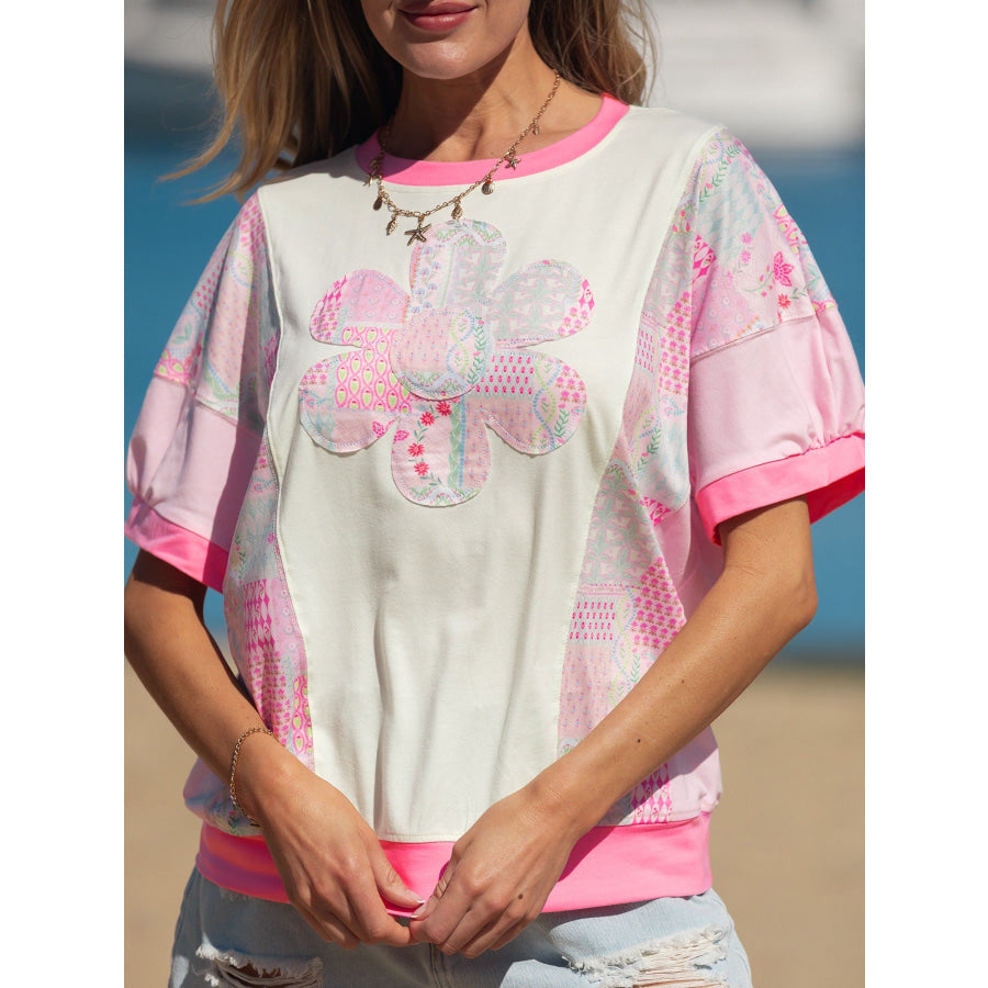 Color Block Floral Patchwork Big Flower Accent Relaxed Top Apparel and Accessories