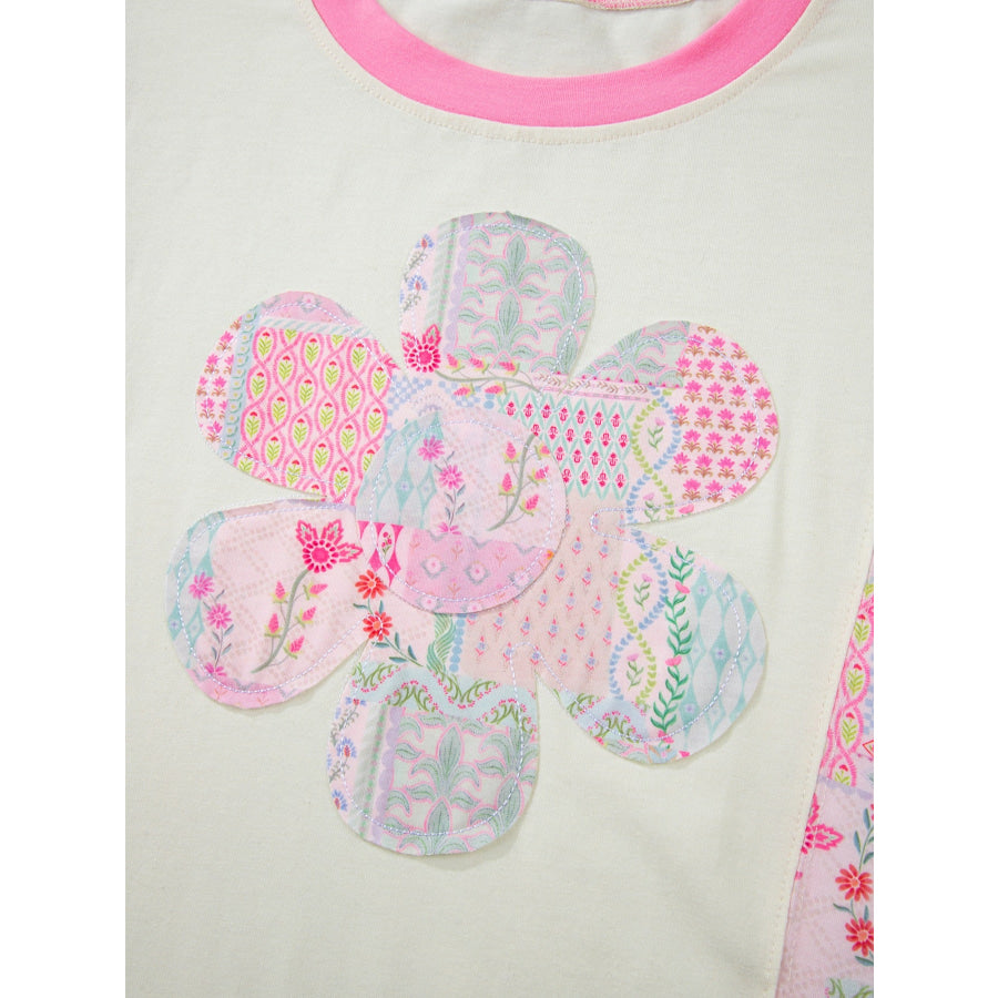Color Block Floral Patchwork Big Flower Accent Relaxed Top Apparel and Accessories