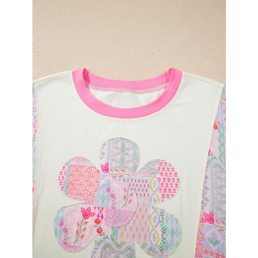 Color Block Floral Patchwork Big Flower Accent Relaxed Top Apparel and Accessories