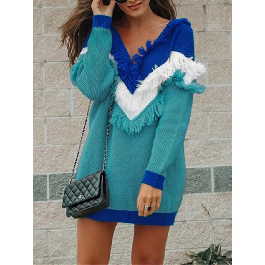 Color Block Fringed V-Neck Sweater Turquoise / S