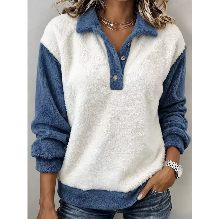 Color-Block Fuzzy Sweatshirt Blue / S Apparel and Accessories