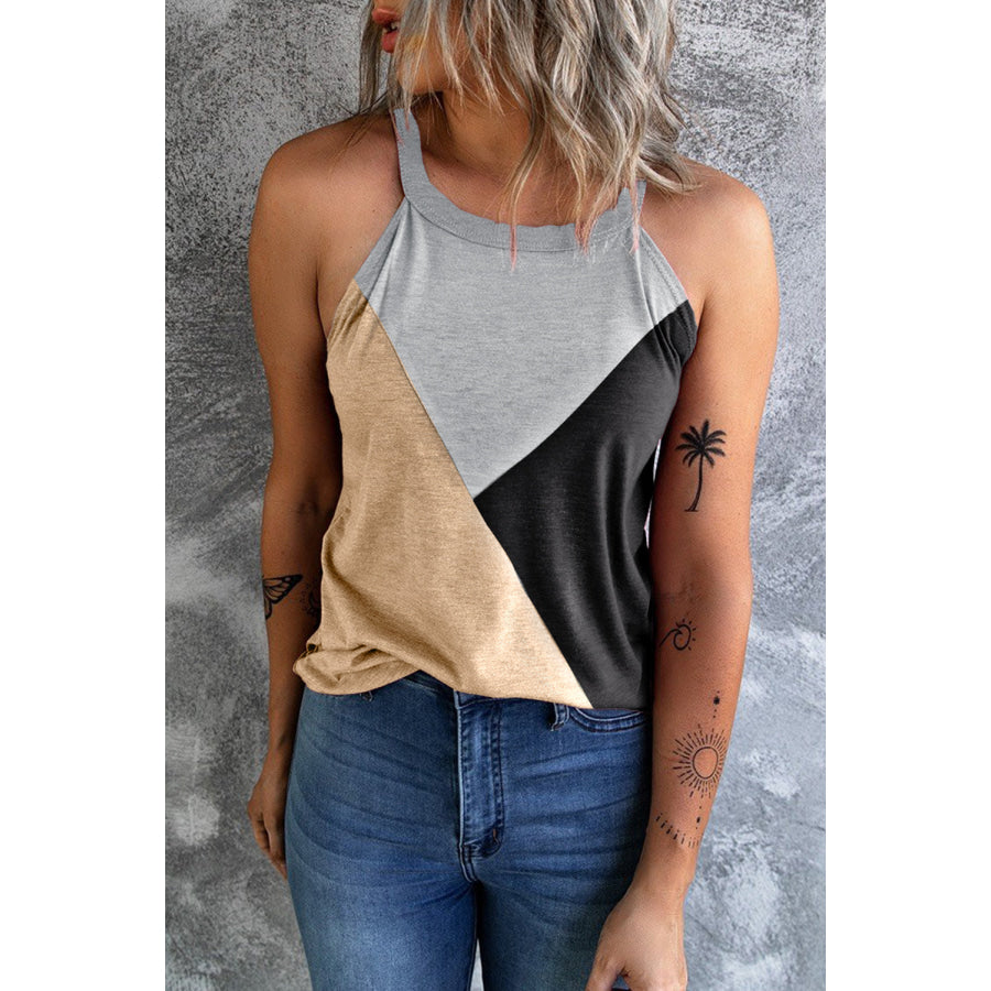 Color Block Grecian Neck Tank Tan / S Apparel and Accessories