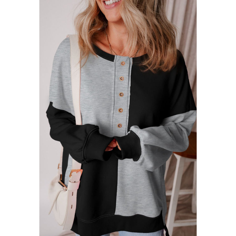 Color Block Half Button Long Sleeve Sweatshirt Apparel and Accessories