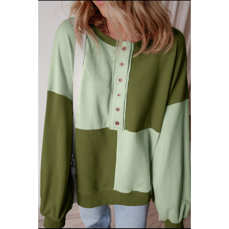 Color Block Half Button Long Sleeve Sweatshirt Apparel and Accessories