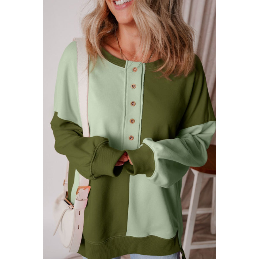 Color Block Half Button Long Sleeve Sweatshirt Apparel and Accessories