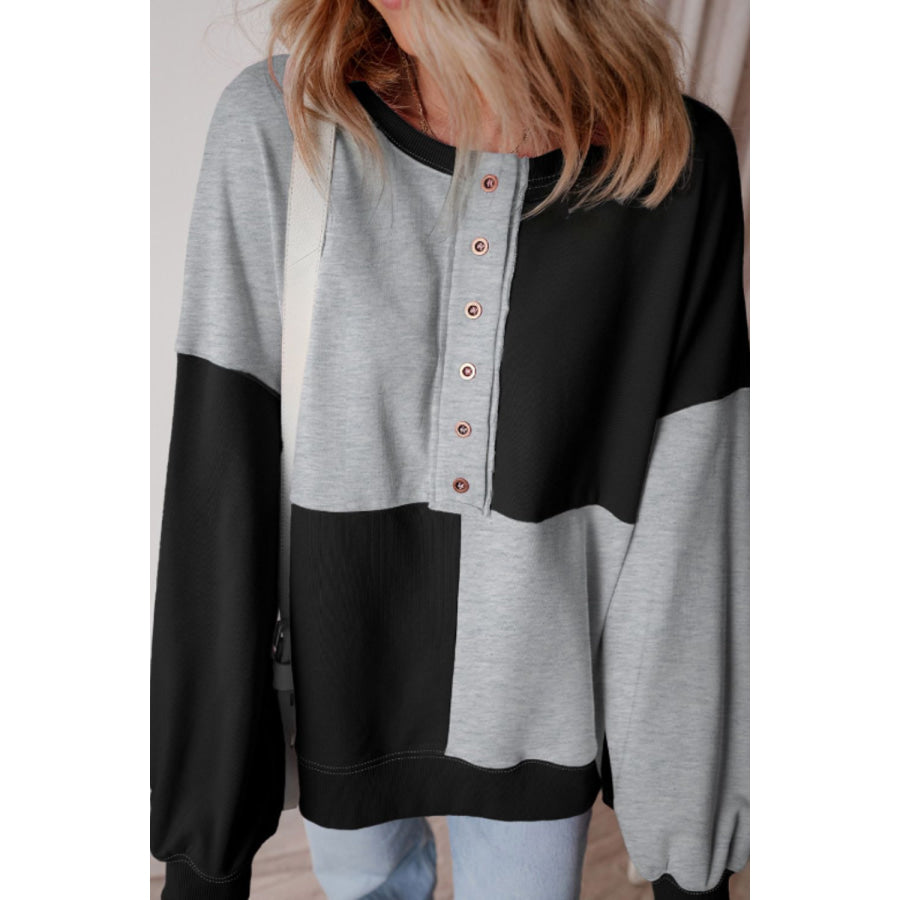 Color Block Half Button Long Sleeve Sweatshirt Apparel and Accessories