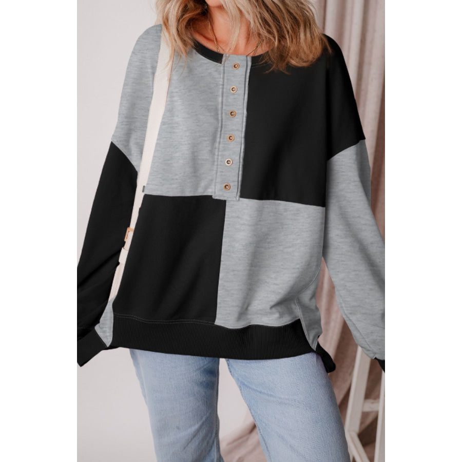 Color Block Half Button Long Sleeve Sweatshirt Black / S Apparel and Accessories