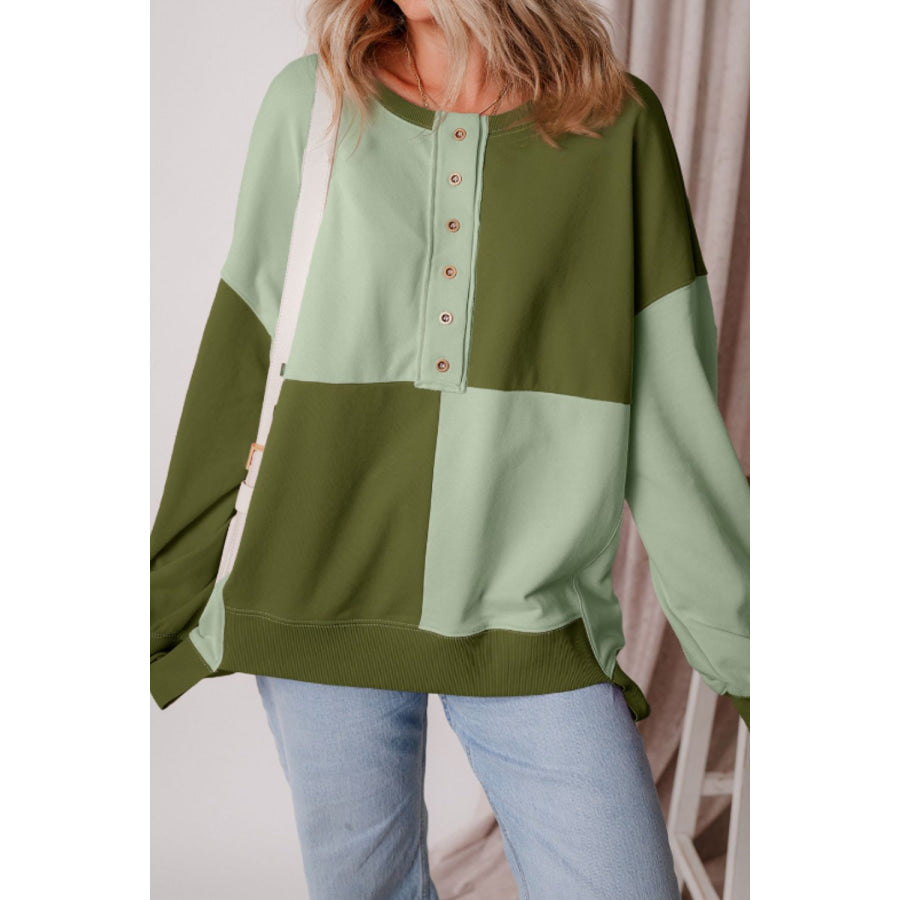 Color Block Half Button Long Sleeve Sweatshirt Green / S Apparel and Accessories