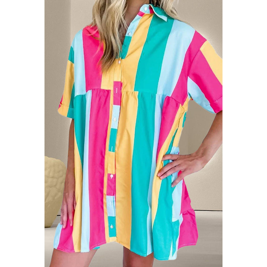 Color Block Half Sleeve Mini Dress Hot Pink / S Apparel and Accessories
