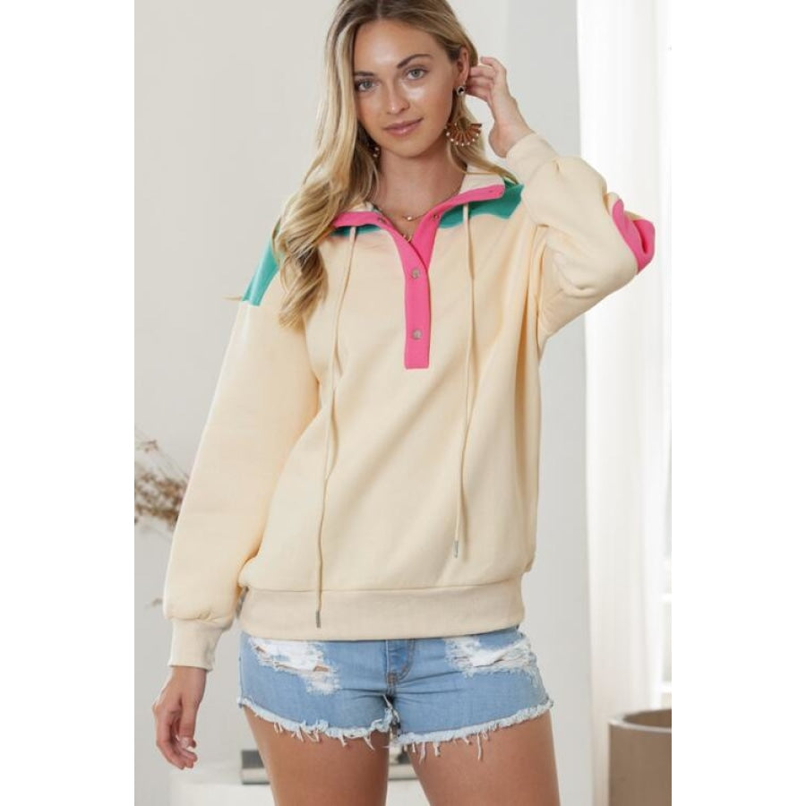 Color Block Half Snap Drawstring Sweatshirt