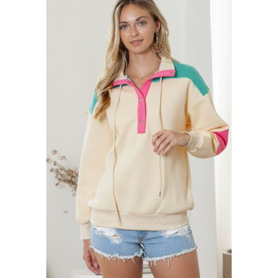 Color Block Half Snap Drawstring Sweatshirt