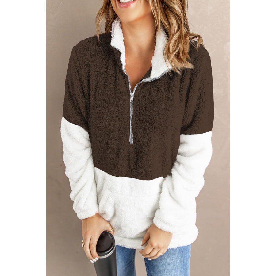 Color Block Half Zip Long Sleeve Fuzzy Sweatshirt Apparel and Accessories