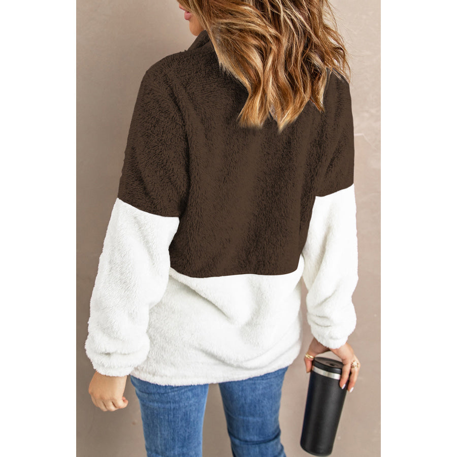 Color Block Half Zip Long Sleeve Fuzzy Sweatshirt Apparel and Accessories