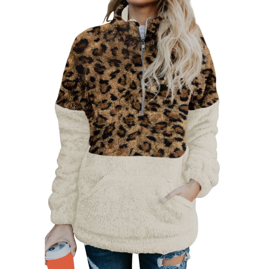 Color Block Half Zip Long Sleeve Fuzzy Sweatshirt Apparel and Accessories