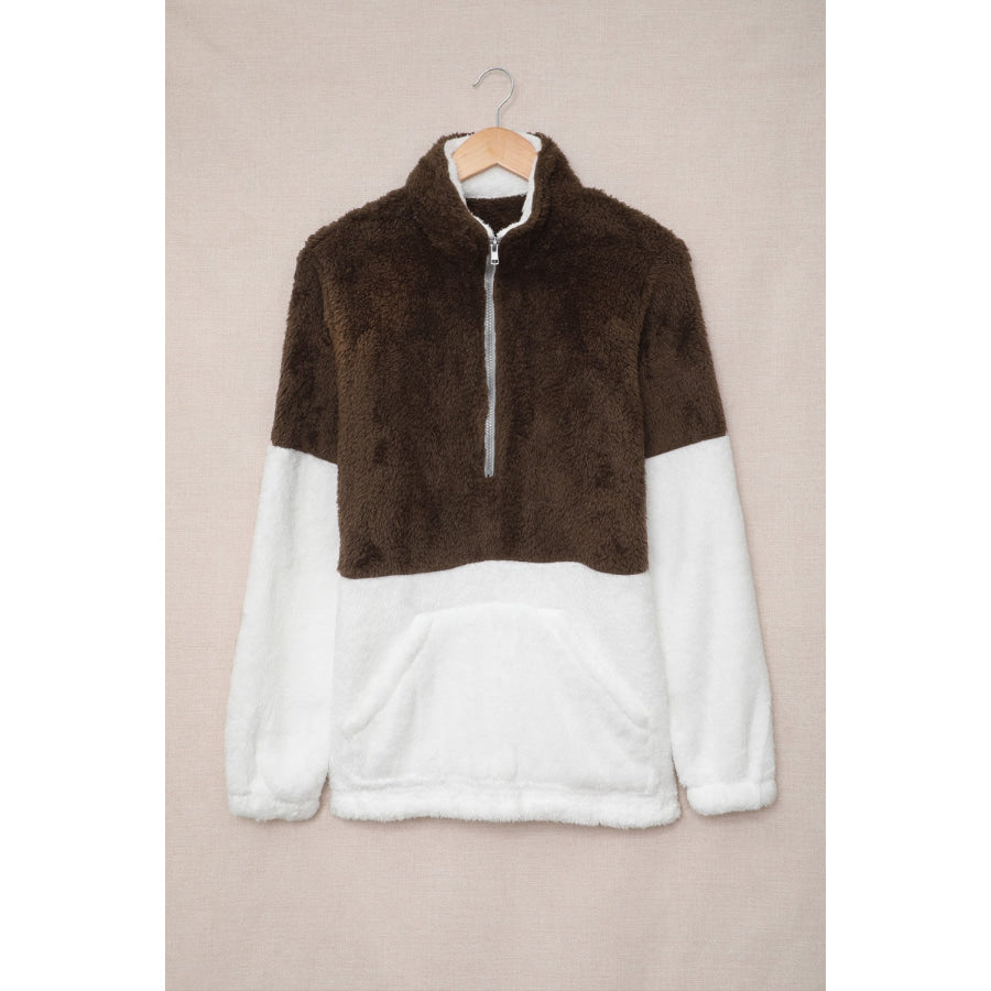 Color Block Half Zip Long Sleeve Fuzzy Sweatshirt Apparel and Accessories