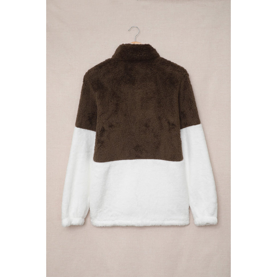 Color Block Half Zip Long Sleeve Fuzzy Sweatshirt Apparel and Accessories