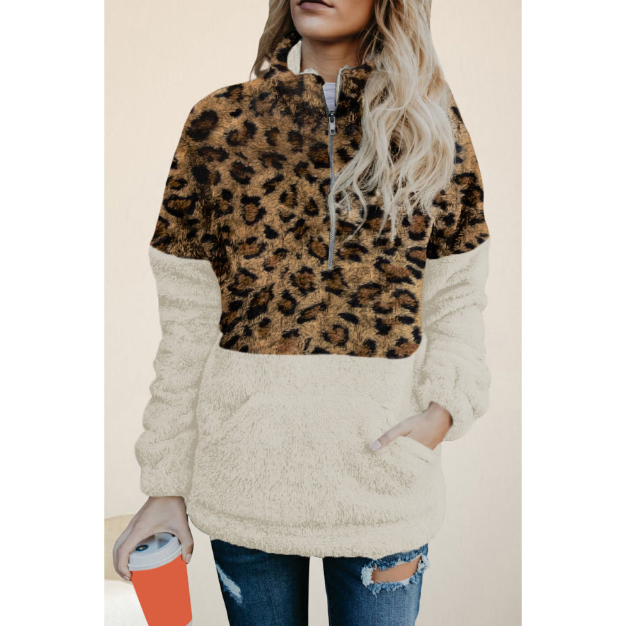 Color Block Half Zip Long Sleeve Fuzzy Sweatshirt Leopard / S Apparel and Accessories