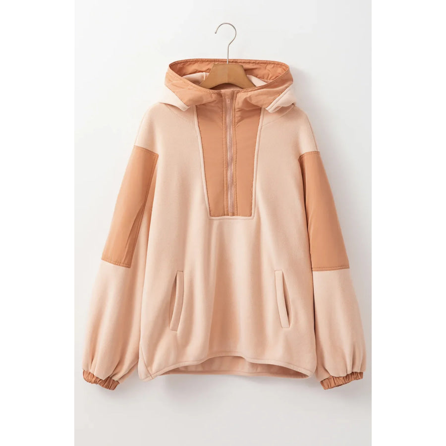 Color Block Half Zip Long Sleeve Hoodie Tan / S Apparel and Accessories