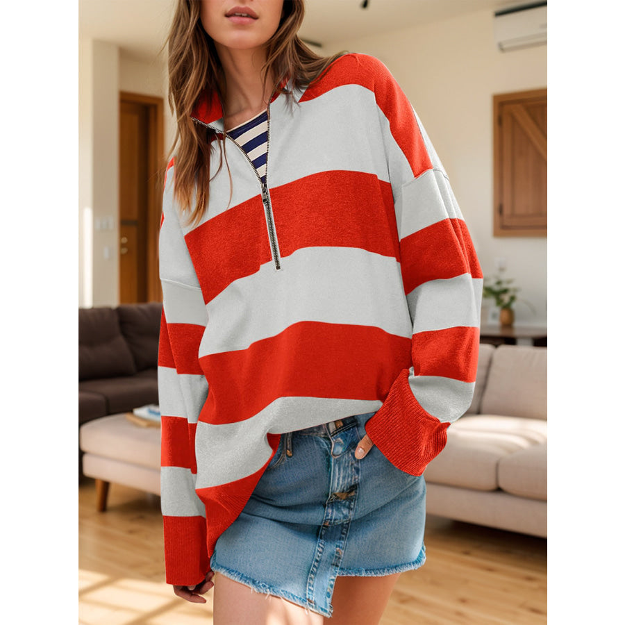 Color Block Half Zip Long Sleeve Sweater Orange-Red / S Apparel and Accessories