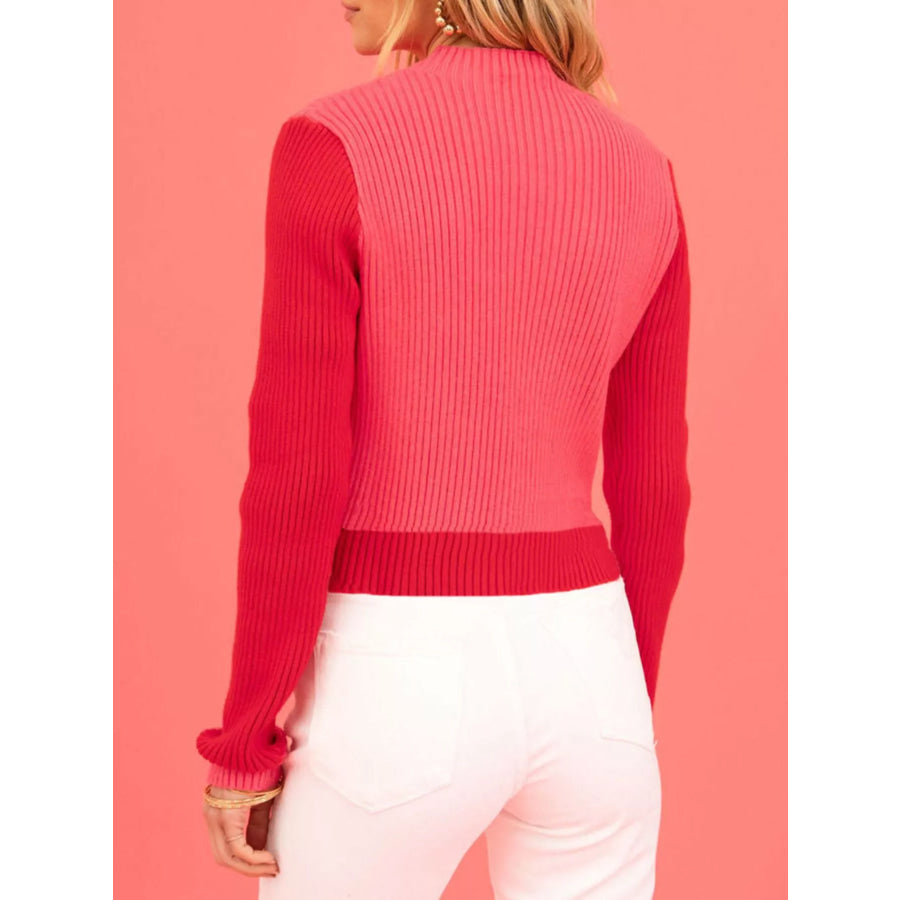 Color-Block Heart Pattern Ribbed Knit Sweater Apparel and Accessories