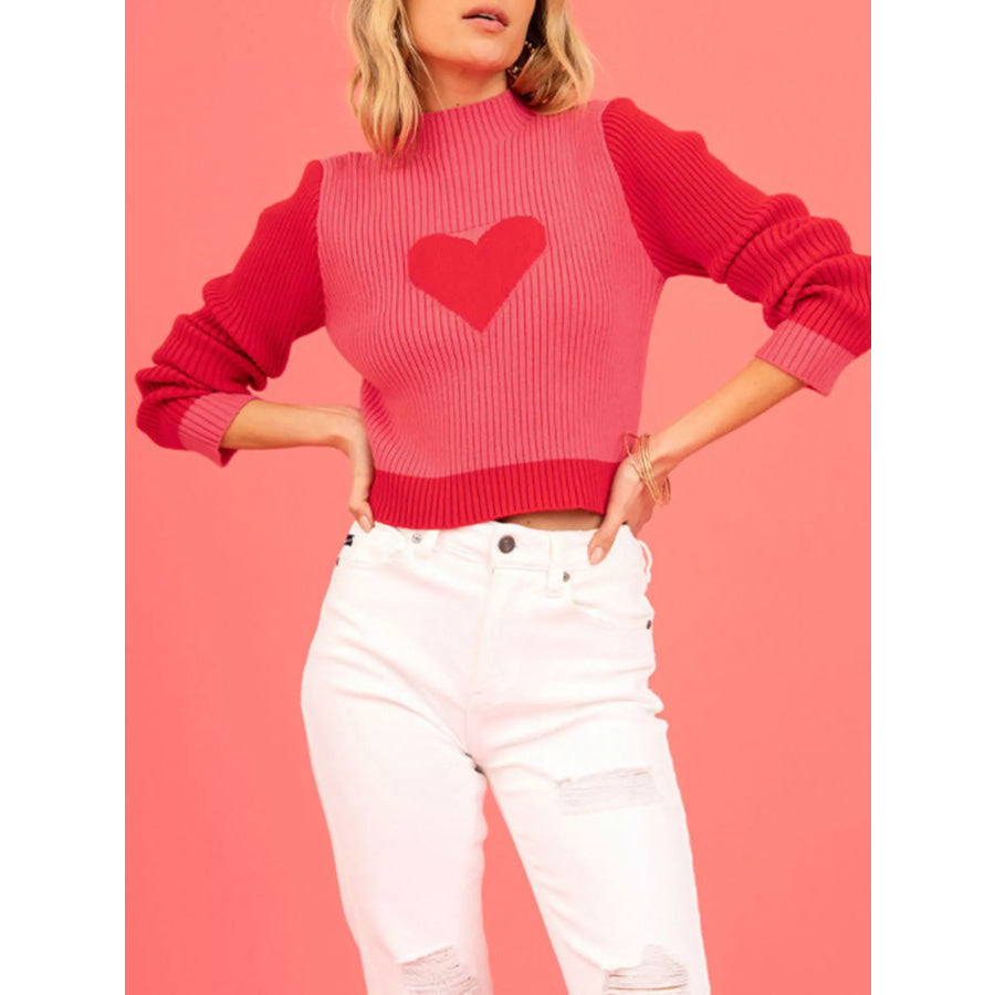 Color-Block Heart Pattern Ribbed Knit Sweater Apparel and Accessories