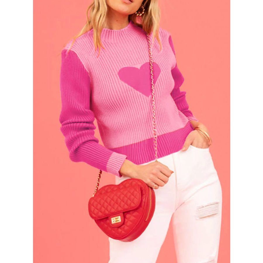 Color-Block Heart Pattern Ribbed Knit Sweater Apparel and Accessories
