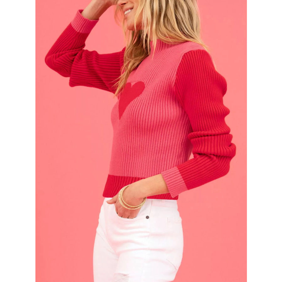 Color-Block Heart Pattern Ribbed Knit Sweater Red / S Apparel and Accessories